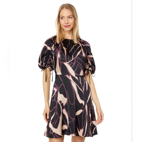NWT Ted Baker Gilliaa Printed Mini Fit and Flare With Puff Sleeves Dress - Picture 1 of 9